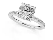 Cushion Cut Diamond Pavé Band Ring Set in Platinum with Prong-Set Center Stone