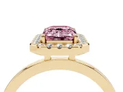 Fancy Pink Emerald Cut Diamond Halo Solitaire Ring Set in Yellow gold with Pavé Band and Prong Setting