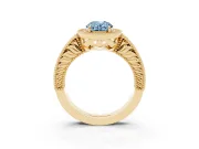 Fancy Blue Oval Cut Diamond Halo Ring Set in Yellow gold with Round Accent Halo, Pavé Band and Prong Setting