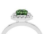 Fancy Green Emerald Cut Diamond Halo Solitaire Ring Set in White gold with Pavé Band and Prong Setting