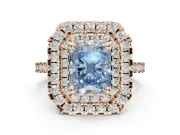 Fancy Blue Radiant Cut Lab-Grown Diamond Double Halo Statement Ring Set in Rose Gold with Pavé Band