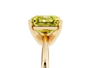 Fancy Yellow Asscher Cut Diamond Solitaire Ring Set in Yellow gold with Prong Setting on a Plain Round Band