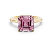 Fancy Pink Asscher Cut Diamond Solitaire Ring Set in Yellow gold with Prong Setting on a Plain Round Band