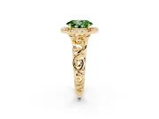 Fancy Green Oval Cut Diamond Halo Ring Set in Yellow gold with Scrollwork Band and Prong Setting