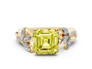 Fancy Yellow Asscher Cut Diamond Floral Vine Solitaire Engagement Ring Set in Yellow gold with Marquise Leaves