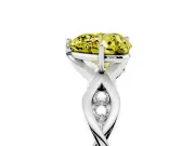 Fancy Yellow Heart Cut Diamond Twist Band Solitaire Ring Set in White gold with Leaf Prong Setting and Accent Stones