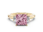 Princess Cut Three Stone Engagement Ring Setting for a Fancy Pink Lab-Grown Diamond | Round Side Stones | Yellow Gold