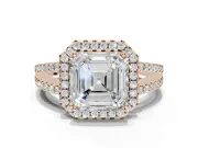 Asscher Cut Halo Split Shank Engagement Ring Setting | Pavé Shoulders | Rose Gold