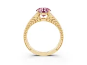 Fancy Pink Round Cut Diamond Split Shank Ring Set in Yellow gold with Pavé Band and Prong Setting