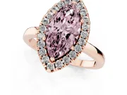 Fancy Pink Marquise Cut Diamond Halo Solitaire Ring Set in Rose gold with Pavé Band and Prong Setting