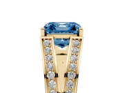 Fancy Blue Asscher Cut Diamond Split Shank Ring Set in Yellow gold with Pavé Band and Prong Setting
