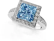 Fancy Blue Princess Cut Diamond Halo Pavé Engagement Ring Set in Silver with Bezel Setting