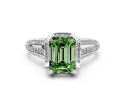 Fancy Green Emerald Cut Diamond Pavé Split Shank Solitaire Ring Set in White gold with Prong Setting