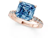 Fancy Blue Asscher Cut Diamond Pavé Band Solitaire Set in Rose gold with Prong Setting