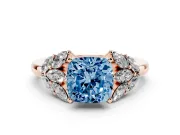 Fancy Blue Cushion Cut Diamond Cluster Leaf Design Ring Set in Rose gold with Prong Setting