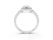 Emerald Cut Diamond Halo Ring Set in Platinum with Delicate Pavé Band and Prong Setting