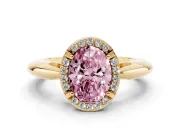 Fancy Pink Oval Cut Diamond Halo Engagement Ring Set in Yellow gold with Plain Split Shank and Prong Setting