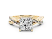 Princess Cut Diamond Twist Band Solitaire Set in Yellow gold with Pavé Accents and Prong Setting