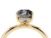 Fancy Black Cushion Cut Diamond Solitaire Ring Set in Yellow gold with Thin Band and Prong Setting