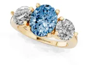 Oval Three Stone Engagement Ring Setting for a Fancy Blue Lab-Grown Diamond | Open Prong Baskets | Yellow Gold