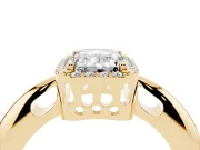 Emerald Cut Diamond Halo Engagement Ring Set in Yellow gold with Plain Split Shank and Prong Setting