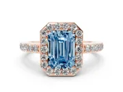 Fancy Blue Emerald Cut Diamond Halo Ring Set in Rose gold with Pavé-Setting Band and Open Prong Center