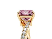 Fancy Pink Princess Cut Diamond Twist Band Solitaire Set in Yellow gold with Pavé Accents and Prong Setting
