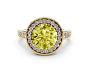Fancy Yellow Round Cut Diamond Halo Solitaire Ring Set in Yellow gold with Pavé Band and Bezel Setting