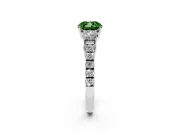 Fancy Green Cushion Cut Diamond Three-Stone Ring Set in White gold with Round Side Stones and Delicate Pavé Band