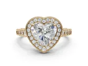 Heart-Shaped Lab-Grown Diamond Milgrain Halo Solitaire Ring Set in Yellow Gold with Bezel Set Side Stones and Pavé Band