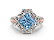 Fancy Blue Princess Cut Diamond Halo Engagement Ring Set in Rose gold with Split Shank and Prong Setting