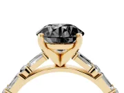 Fancy Black Round Cut Diamond Solitaire Set in Yellow gold with Side Baguettes and Channel Set Band