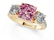 Cushion Cut Three Stone Engagement Ring Setting for a Fancy Pink Lab-Grown Diamond | Accented Shoulders | Yellow Gold