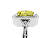 Fancy Yellow Radiant Cut Diamond Halo Engagement Ring Set in Platinum with Milgrain Pavé Band