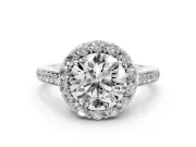 Round Cut Diamond Floral Halo Ring Set in White gold with Pavé Band and Prong Setting