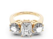 Emerald Cut Vintage Three Stone Engagement Ring Setting | Milgrain Baskets | Yellow Gold