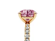 Fancy Pink Round Cut Diamond Brilliant Solitaire Ring Set in Yellow gold with Pavé Band and Prong Setting