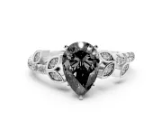 Fancy Black Pear Cut Diamond Solitaire Leaf-Inspired Ring Set in Silver with Pavé Band and Prong Setting