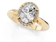 Oval Cut Diamond Halo Engagement Ring Set in Yellow gold with Plain Split Shank and Prong Setting