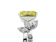 Fancy Yellow Emerald Cut Diamond Floral Vine Solitaire Engagement Ring Set in White gold with Marquise Leaves