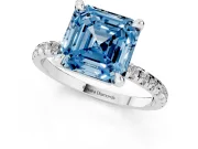 Fancy Blue Asscher Cut Diamond Brilliant Solitaire Ring Set in Silver with Pavé Band and Prong Setting