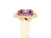 Fancy Pink Asscher Cut Diamond Halo Ring Set in Yellow gold with Cathedral Band and Prong Setting
