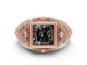 Fancy Black Princess Cut Diamond Bezel Ring Set in Rose gold with Milgrain Accent Band