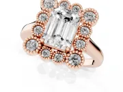 Emerald Cut Vintage Milgrain Bezel Cluster Halo Engagement Ring Setting | Plain Band | Rose Gold
