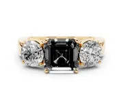Asscher Cut Three Stone Engagement Ring Setting for a Black Center | Round Side Stones | Yellow Gold