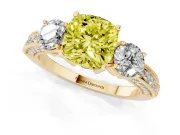 Fancy Yellow Cushion Cut Diamond Three-Stone Ring Set in Yellow gold with Round Side Stones and Pavé Band