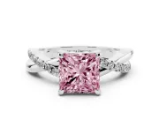 Fancy Pink Princess Cut Diamond Twist Band Solitaire Set in Silver with Pavé Accents and Prong Setting