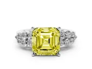 Fancy Yellow Asscher Cut Diamond Cluster Engagement Ring Set in Silver with Pavé Band and Prong Setting