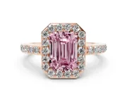 Fancy Pink Emerald Cut Diamond Halo Ring Set in Rose gold with Pavé-Setting Band and Open Prong Center