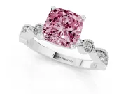 Fancy Pink Cushion Cut Diamond Solitaire Engagement Ring Set in White gold with Milgrain Bezel Accent Band